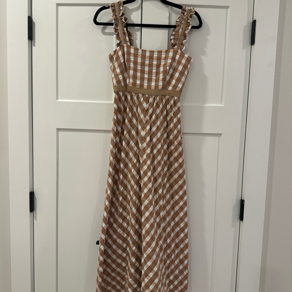 Tuckernuck Madeline Tan Gingham Midi Dress XS - Picture 2 of 3